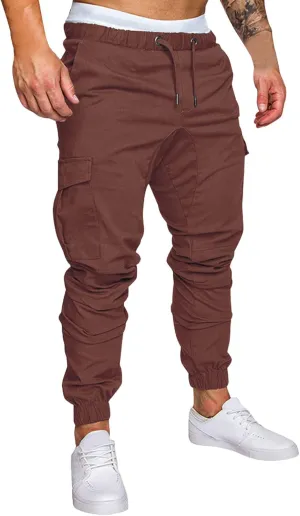 Mens Casual Cargo Pants Elastic Drawstring Trousers Cotton Workout Sweatpants Hiking Outdoor Joggers with Pockets