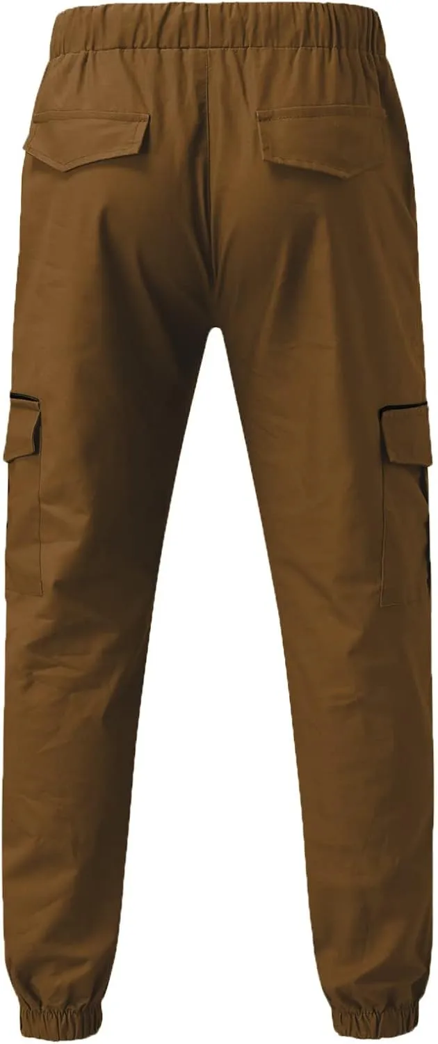 Mens Casual Cotton Cargo Pants Elastic Drawstring Joggers with Pockets Hiking Sweatpants Outdoor Sport Trousers