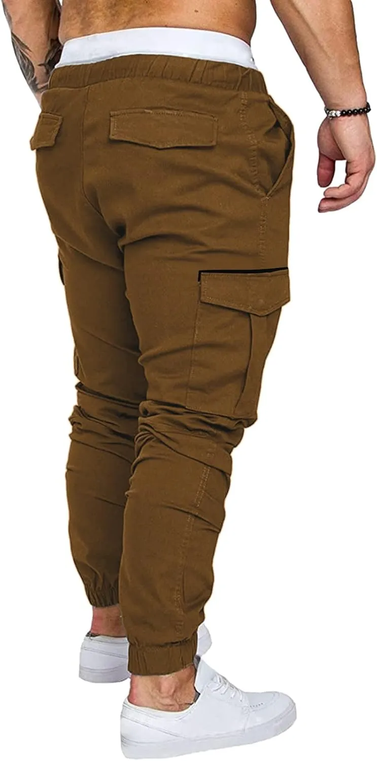 Mens Casual Cotton Cargo Pants Elastic Drawstring Joggers with Pockets Hiking Sweatpants Outdoor Sport Trousers
