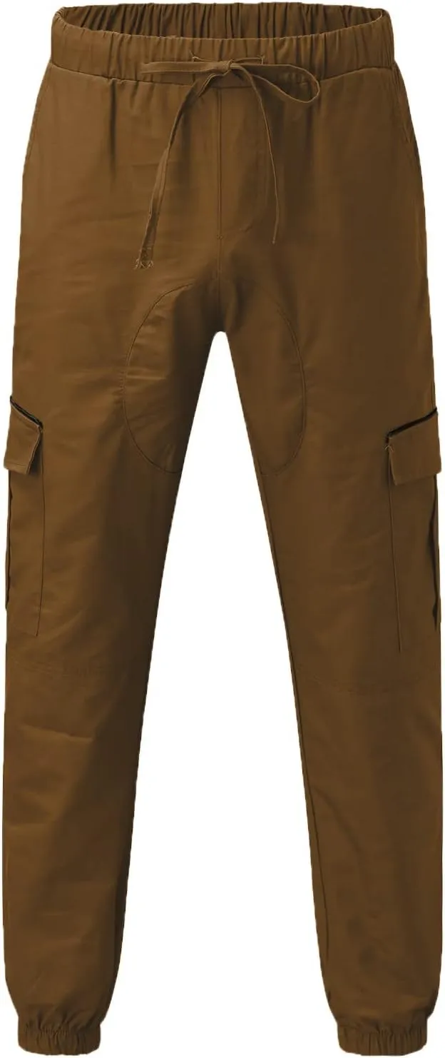 Mens Casual Cotton Cargo Pants Elastic Drawstring Joggers with Pockets Hiking Sweatpants Outdoor Sport Trousers