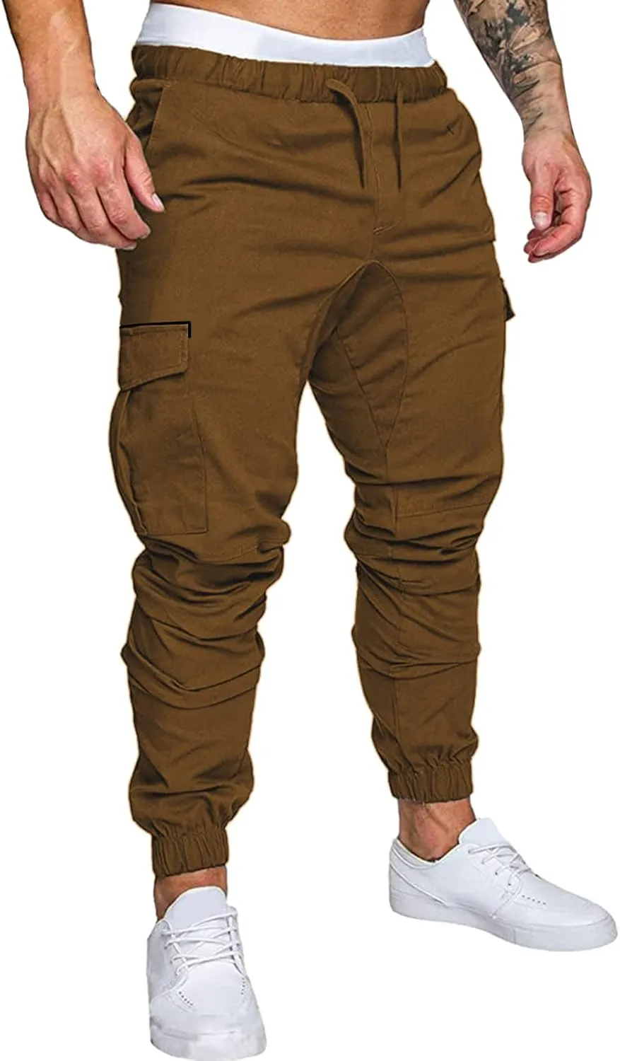 Mens Casual Cotton Cargo Pants Elastic Drawstring Joggers with Pockets Hiking Sweatpants Outdoor Sport Trousers