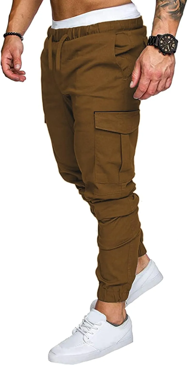 Mens Casual Cotton Cargo Pants Elastic Drawstring Joggers with Pockets Hiking Sweatpants Outdoor Sport Trousers