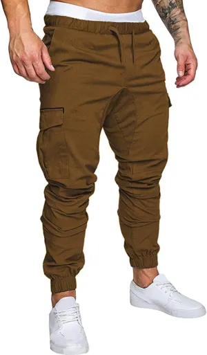 Mens Casual Cotton Cargo Pants Elastic Drawstring Joggers with Pockets Hiking Sweatpants Outdoor Sport Trousers