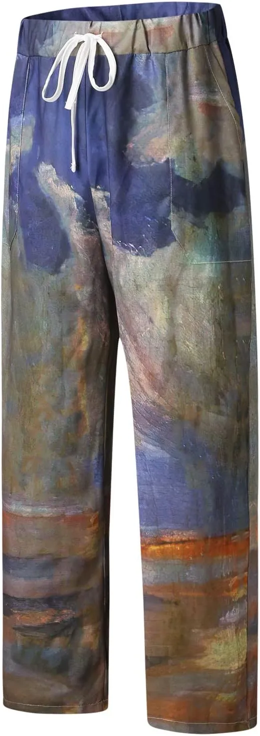 Men's Casual Summer Pants Beach Hawaiian Print Linen Pants Elastic Waist Drawstring Baggy Trousers with Pockets