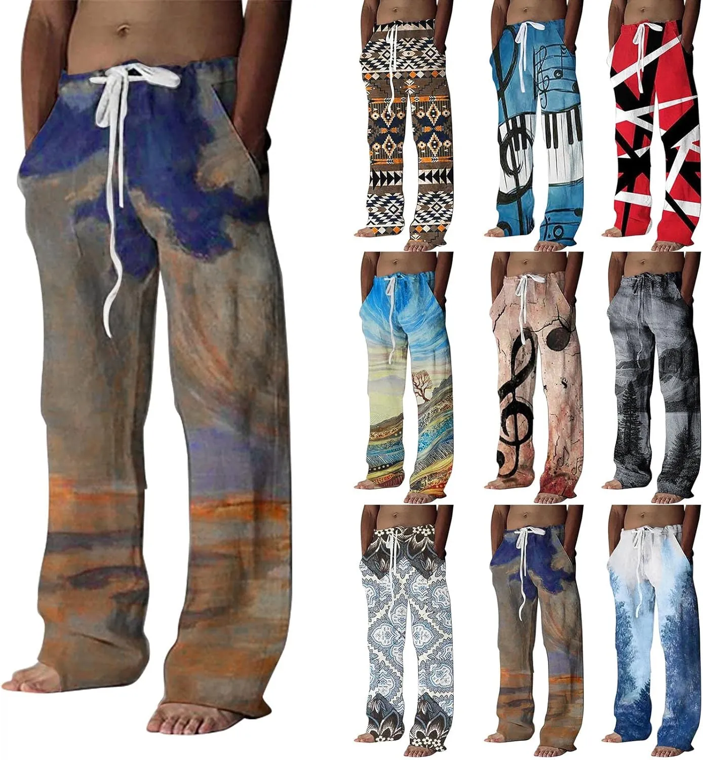 Men's Casual Summer Pants Beach Hawaiian Print Linen Pants Elastic Waist Drawstring Baggy Trousers with Pockets