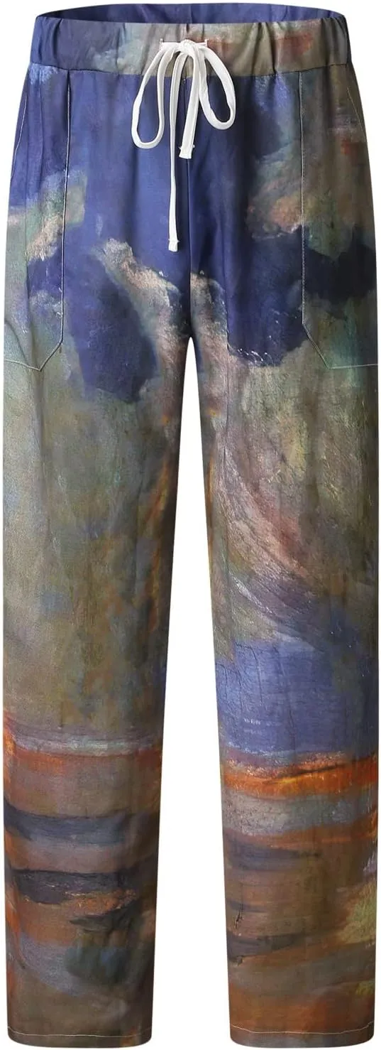 Men's Casual Summer Pants Beach Hawaiian Print Linen Pants Elastic Waist Drawstring Baggy Trousers with Pockets