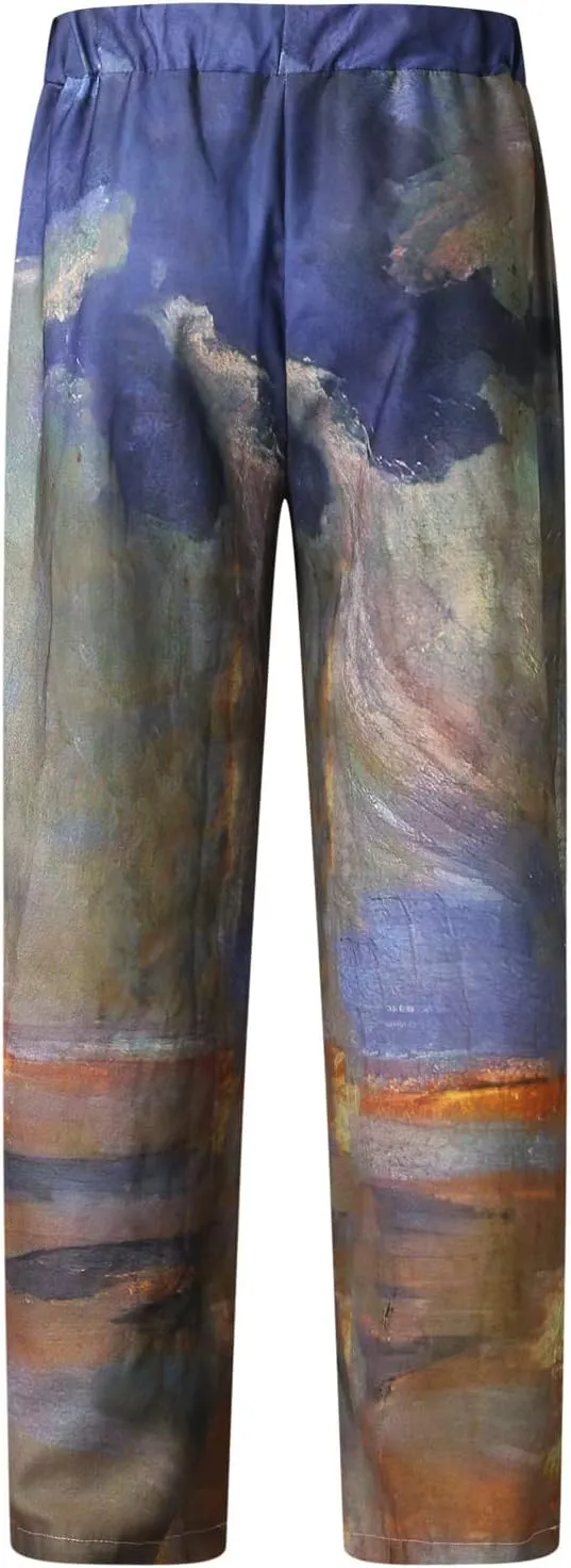 Men's Casual Summer Pants Beach Hawaiian Print Linen Pants Elastic Waist Drawstring Baggy Trousers with Pockets