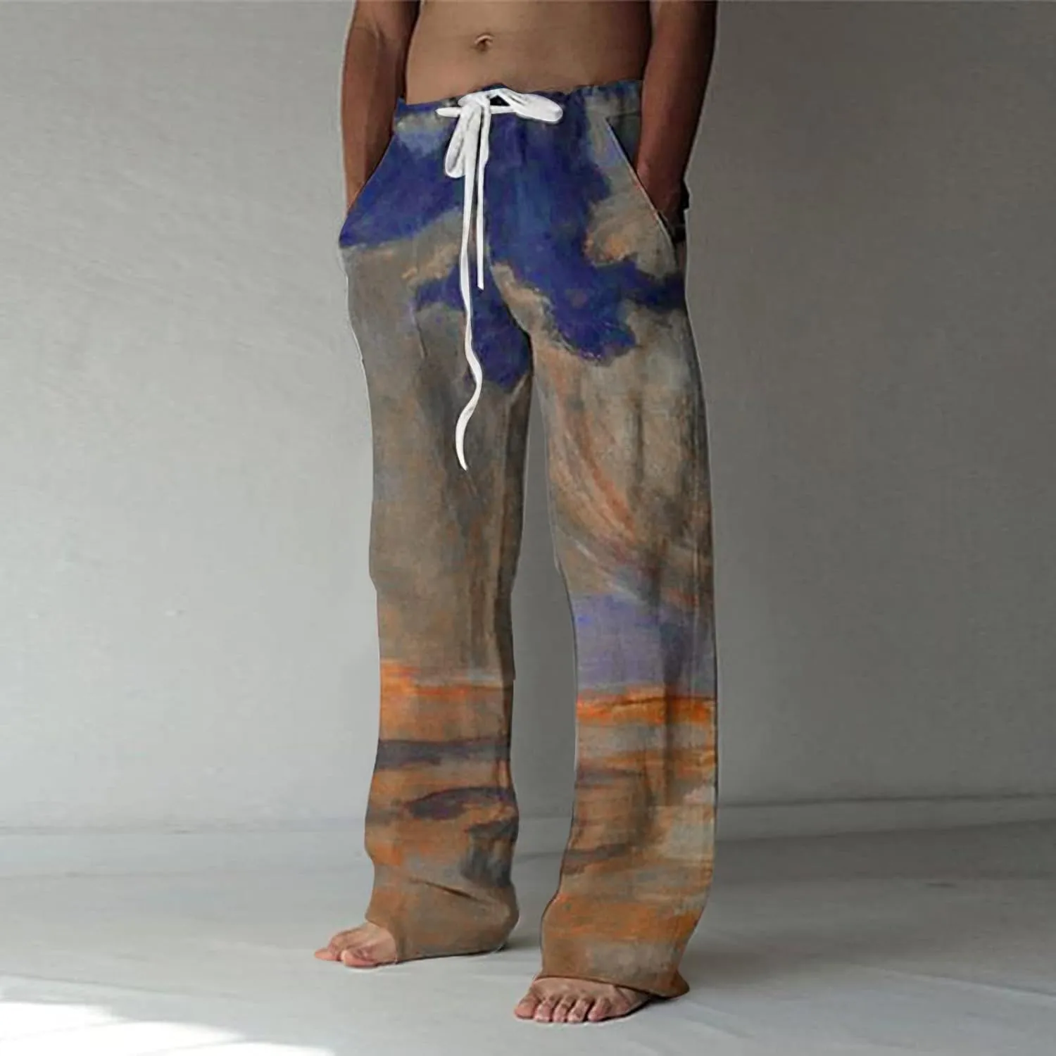 Men's Casual Summer Pants Beach Hawaiian Print Linen Pants Elastic Waist Drawstring Baggy Trousers with Pockets