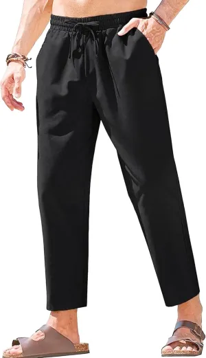 Men's Cotton Yoga Straight-Leg Slack Summer Beach Linen Pants Casual Lightweight Elastic Waist Trousers