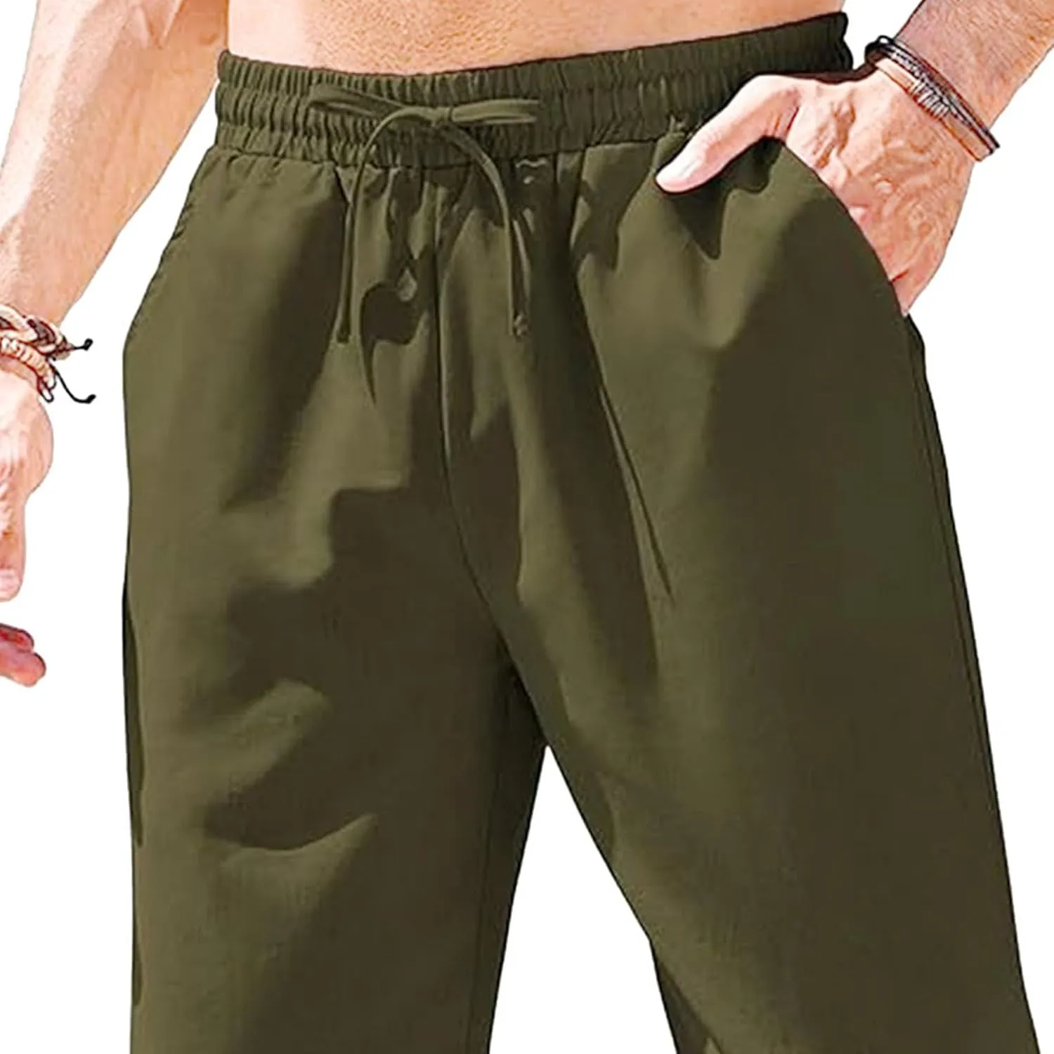 Men's Cotton Yoga Straight-Leg Slack Summer Beach Linen Pants Casual Lightweight Elastic Waist Trousers