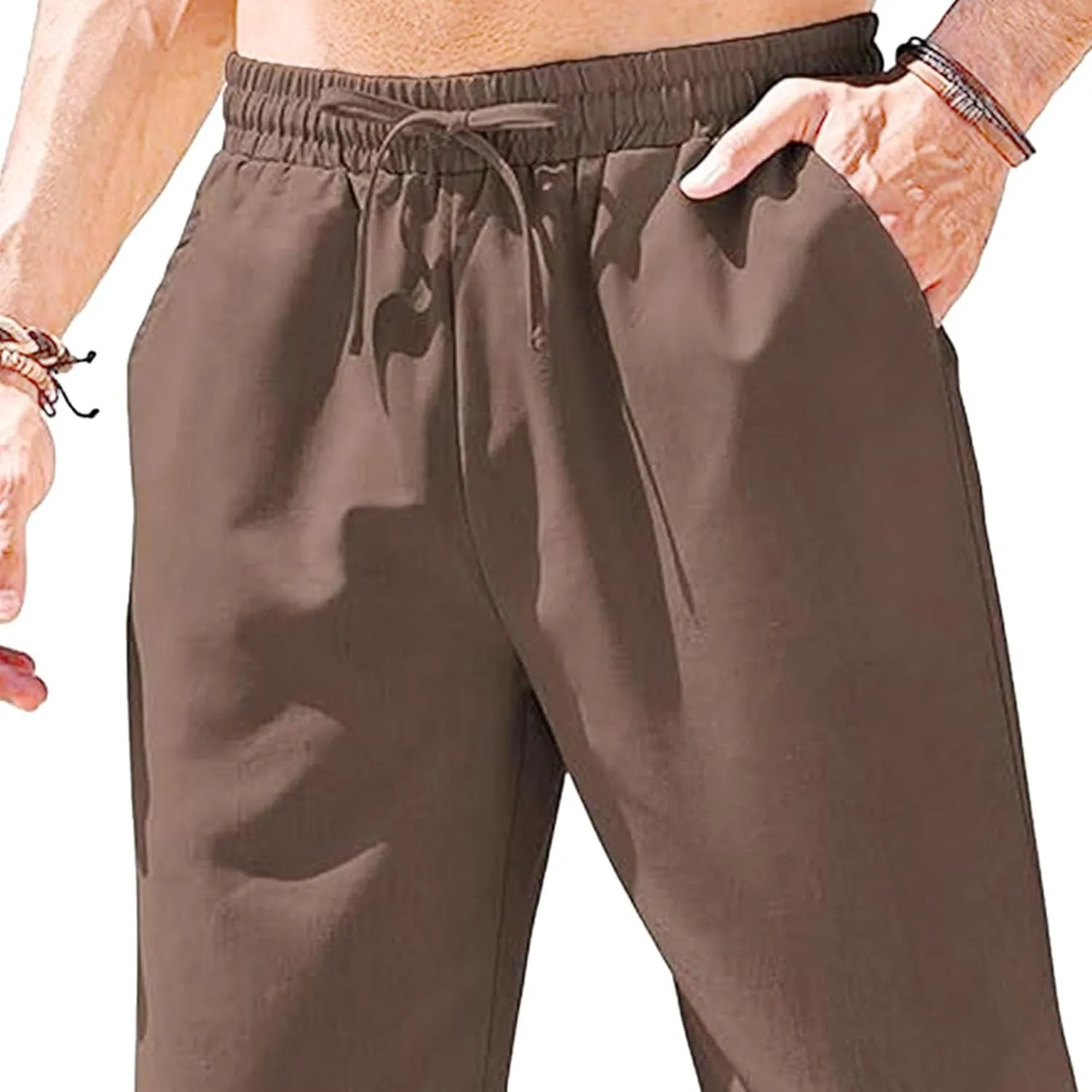 Men's Cotton Yoga Straight-Leg Slack Summer Beach Linen Pants Casual Lightweight Elastic Waist Trousers