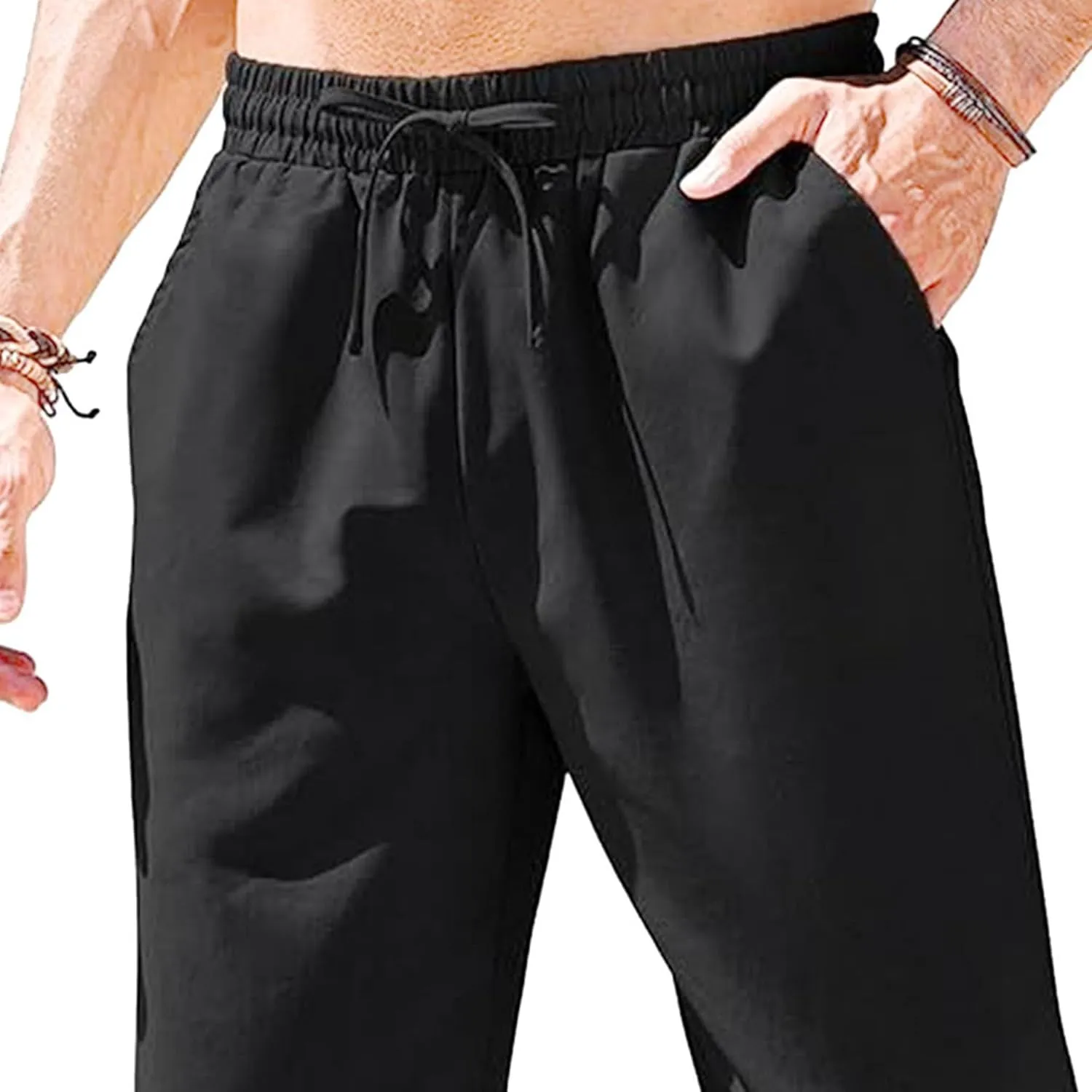 Men's Cotton Yoga Straight-Leg Slack Summer Beach Linen Pants Casual Lightweight Elastic Waist Trousers