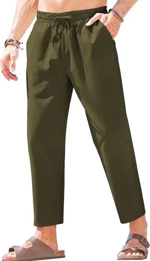 Men's Cotton Yoga Straight-Leg Slack Summer Beach Linen Pants Casual Lightweight Elastic Waist Trousers