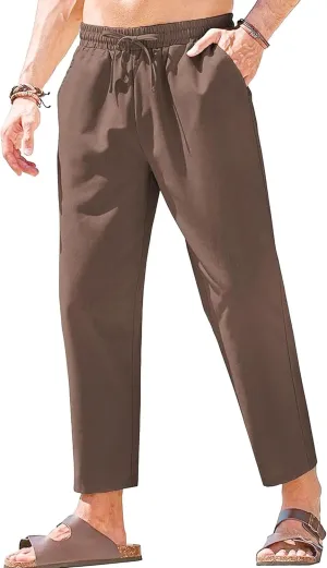 Men's Cotton Yoga Straight-Leg Slack Summer Beach Linen Pants Casual Lightweight Elastic Waist Trousers