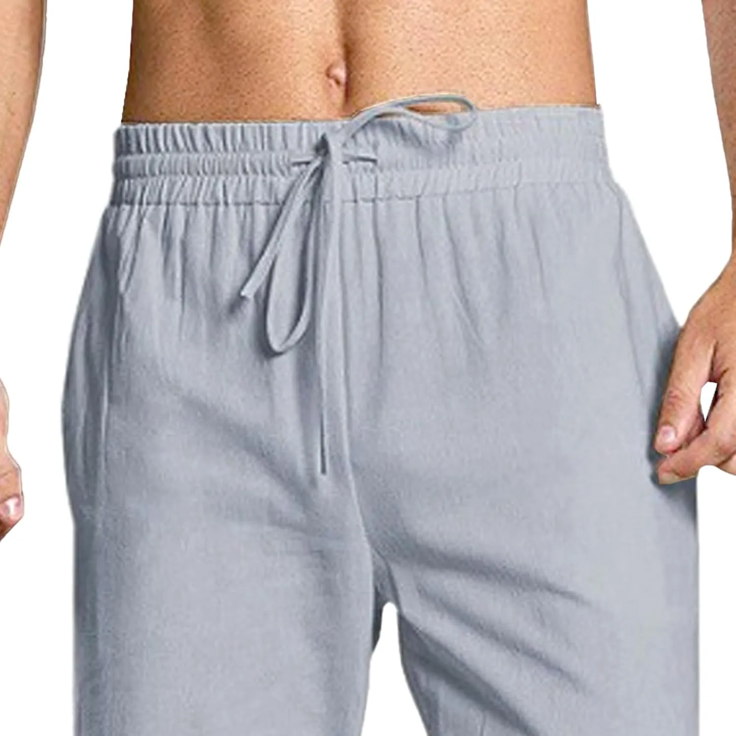 Mens Elastic Waist Straight Beach Pants Casual Linen Walking Trousers Trendy Straight-Legs Yoga Pajamas