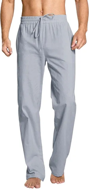 Mens Elastic Waist Straight Beach Pants Casual Linen Walking Trousers Trendy Straight-Legs Yoga Pajamas