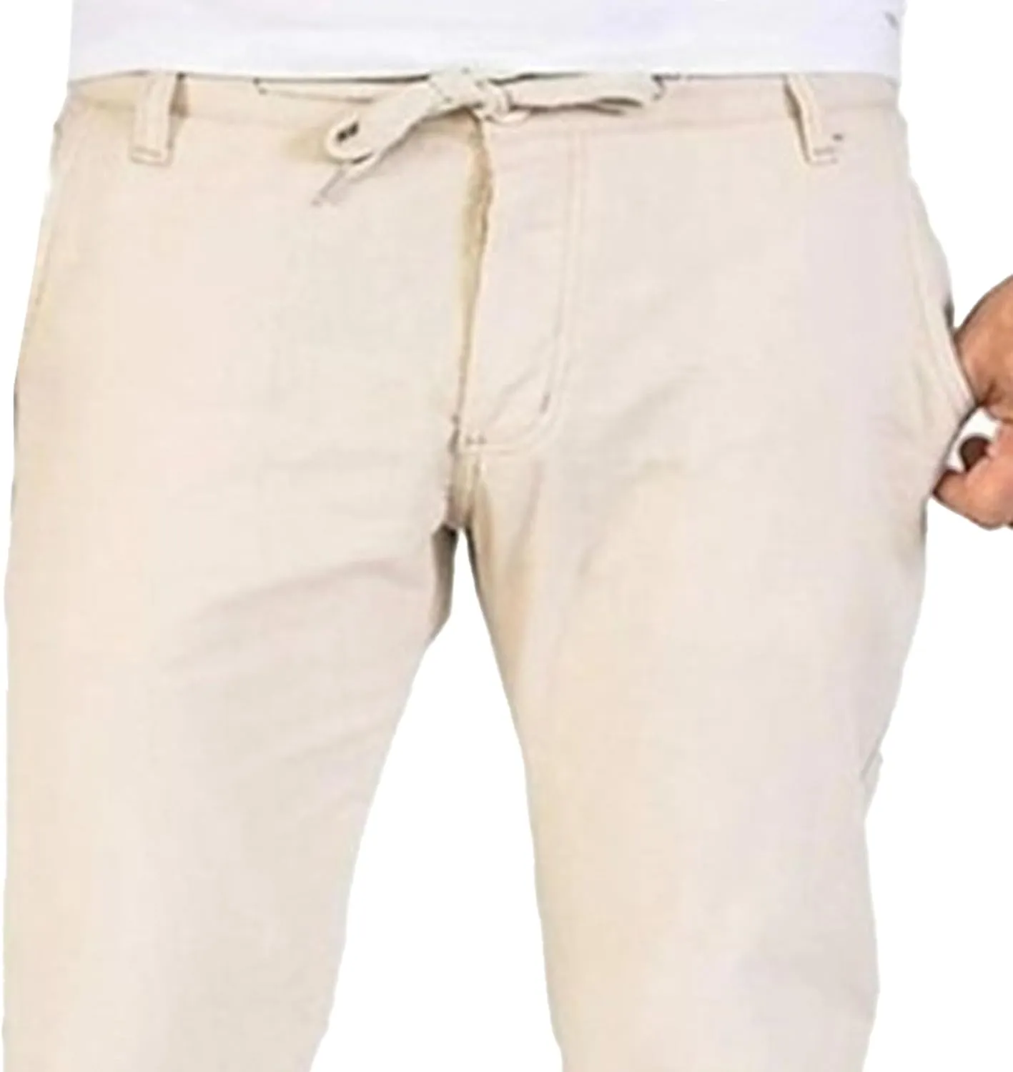 Men's Linen Beach Trousers with Pockets Elastic Cotton Wide Leg Slack Summer Lightweight Yoga Jogger Pants