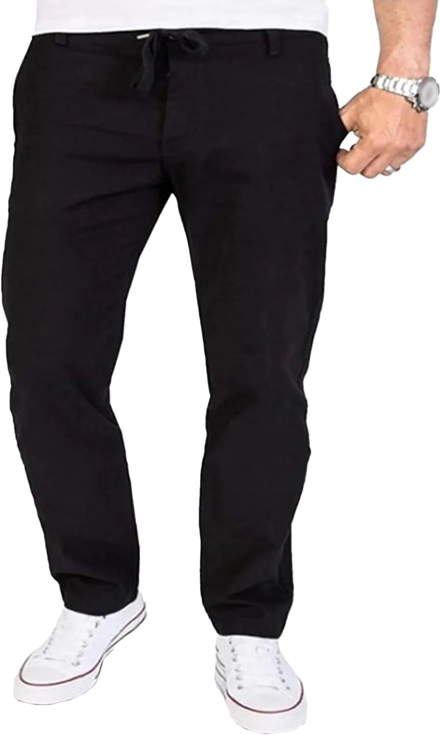 Men's Linen Beach Trousers with Pockets Elastic Cotton Wide Leg Slack Summer Lightweight Yoga Jogger Pants