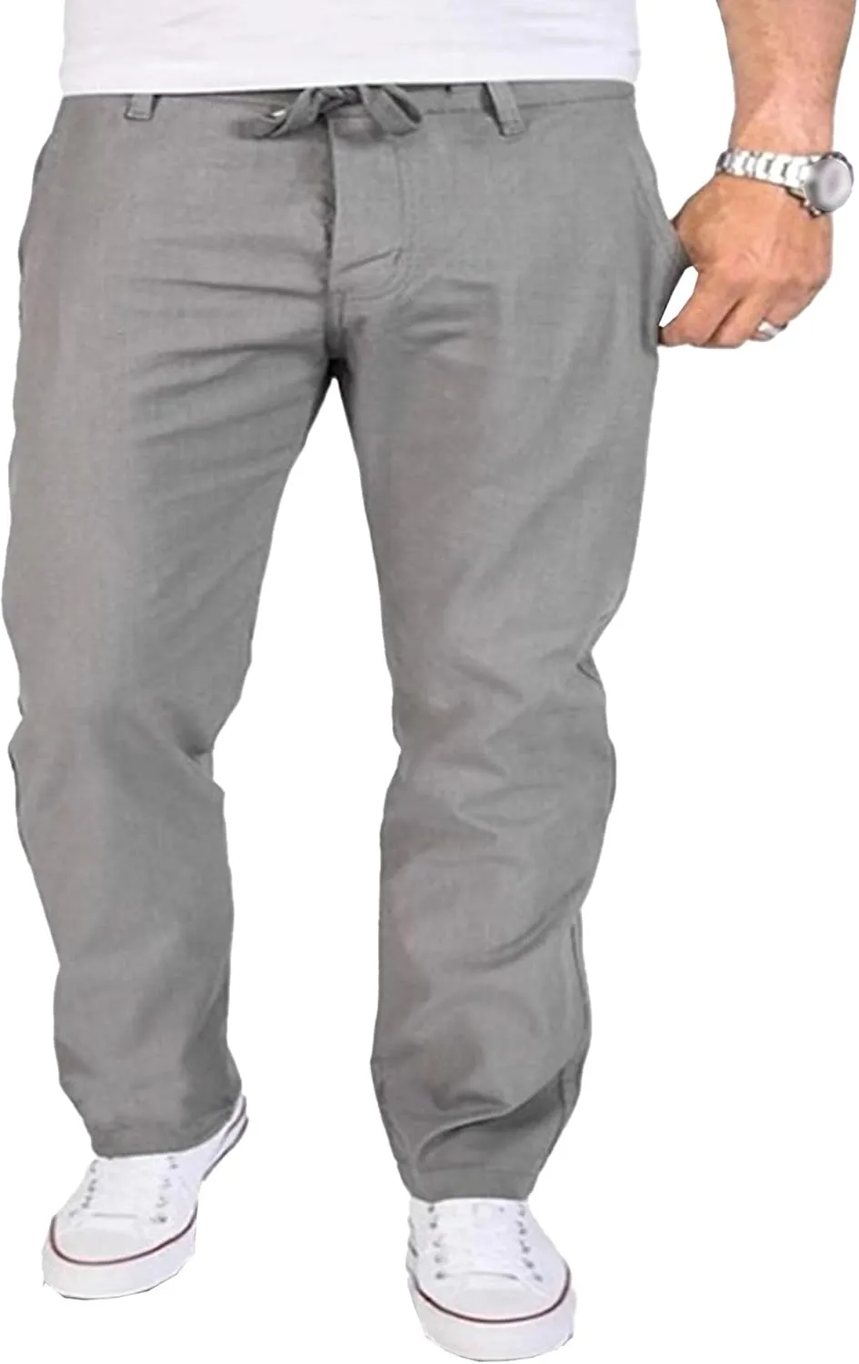 Men's Linen Beach Trousers with Pockets Elastic Cotton Wide Leg Slack Summer Lightweight Yoga Jogger Pants