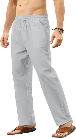 Men's Linen Casual Long Pants Loose Lightweight Yoga Beach Slack Elastic Waist Wide Straight Trousers