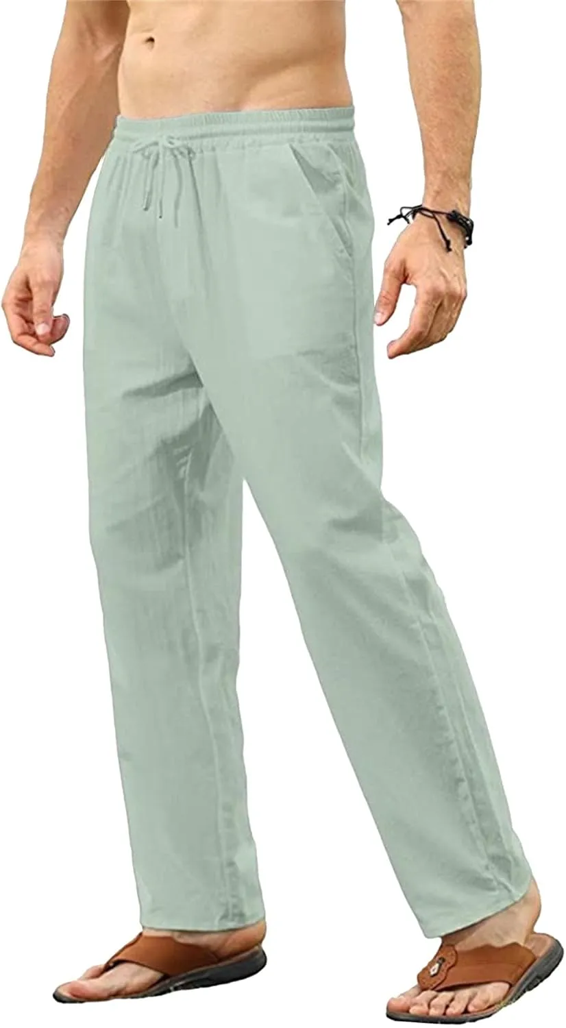 Men's Linen Casual Long Pants Loose Lightweight Yoga Beach Slack Elastic Waist Wide Straight Trousers