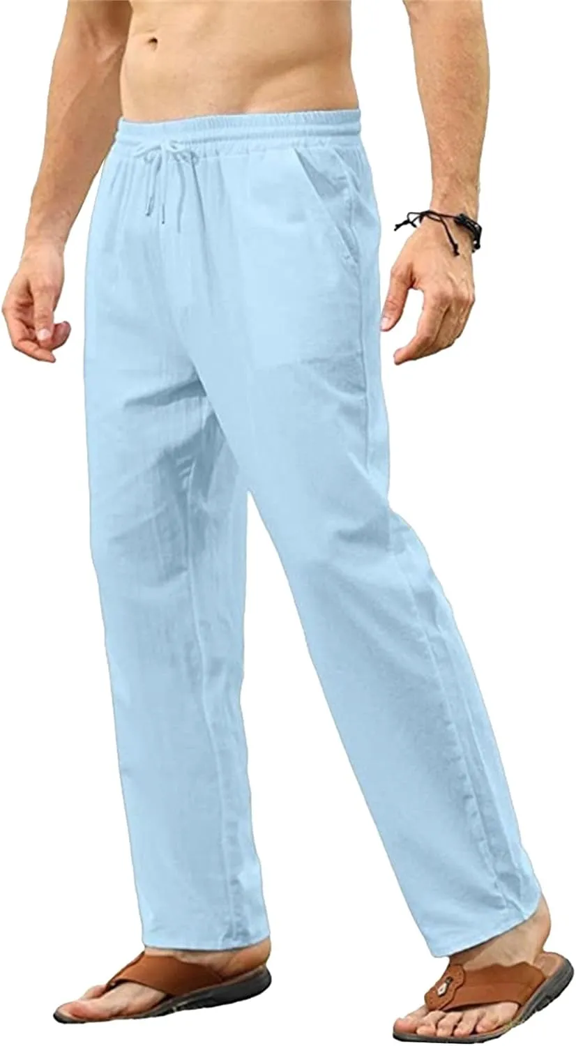 Men's Linen Casual Long Pants Loose Lightweight Yoga Beach Slack Elastic Waist Wide Straight Trousers