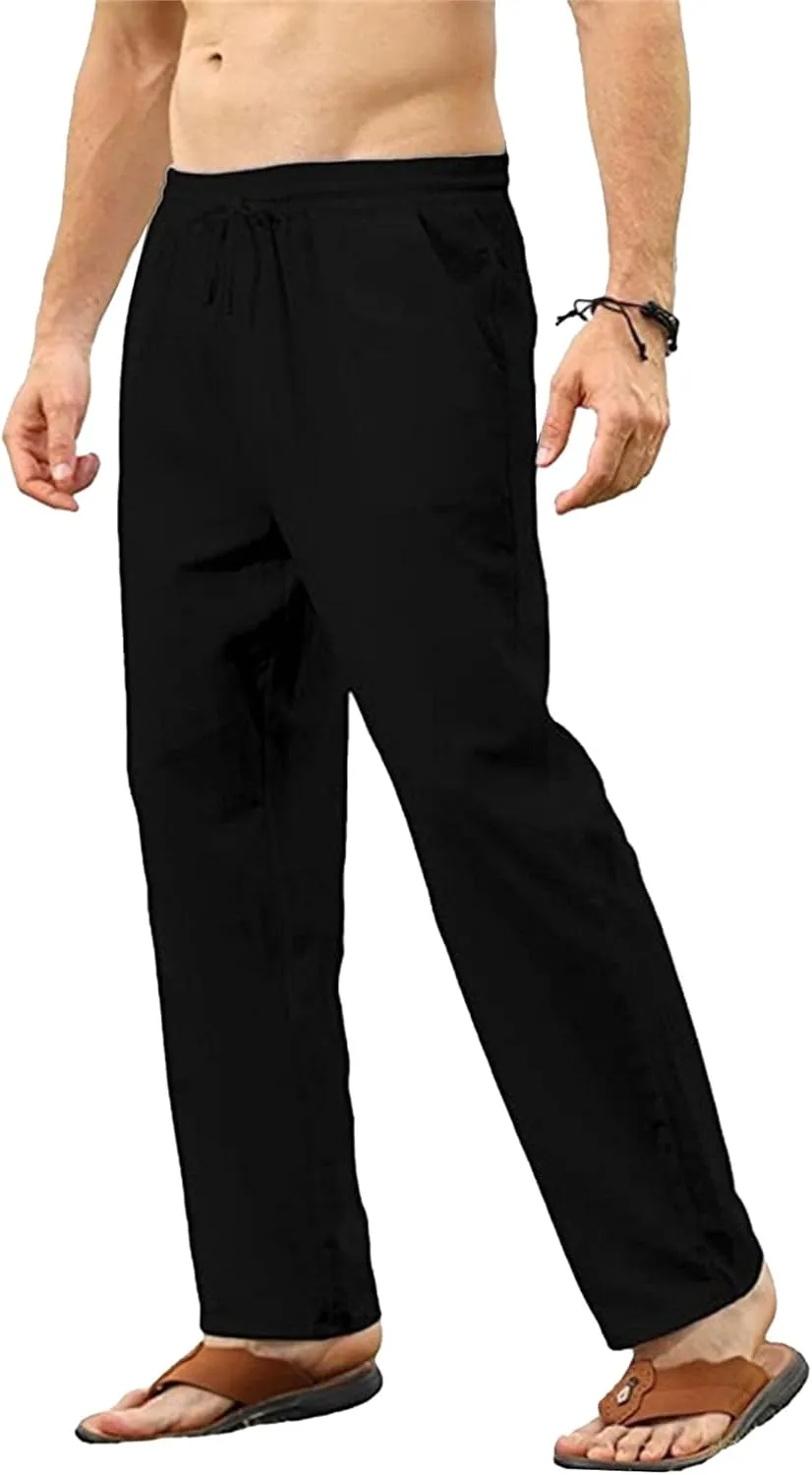 Men's Linen Casual Long Pants Loose Lightweight Yoga Beach Slack Elastic Waist Wide Straight Trousers