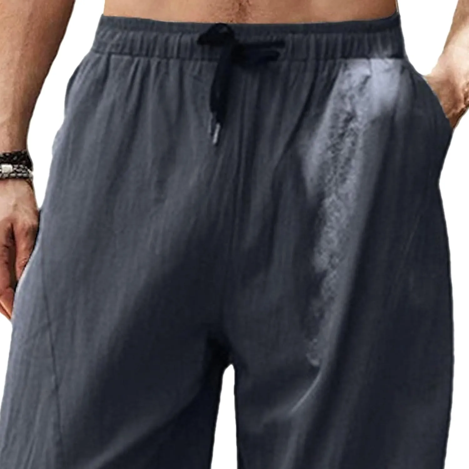 Mens Lounge Linen Pants Trendy Baggy Yoga Lightweight Slacks Casual Wide Leg Trousers with Pockets