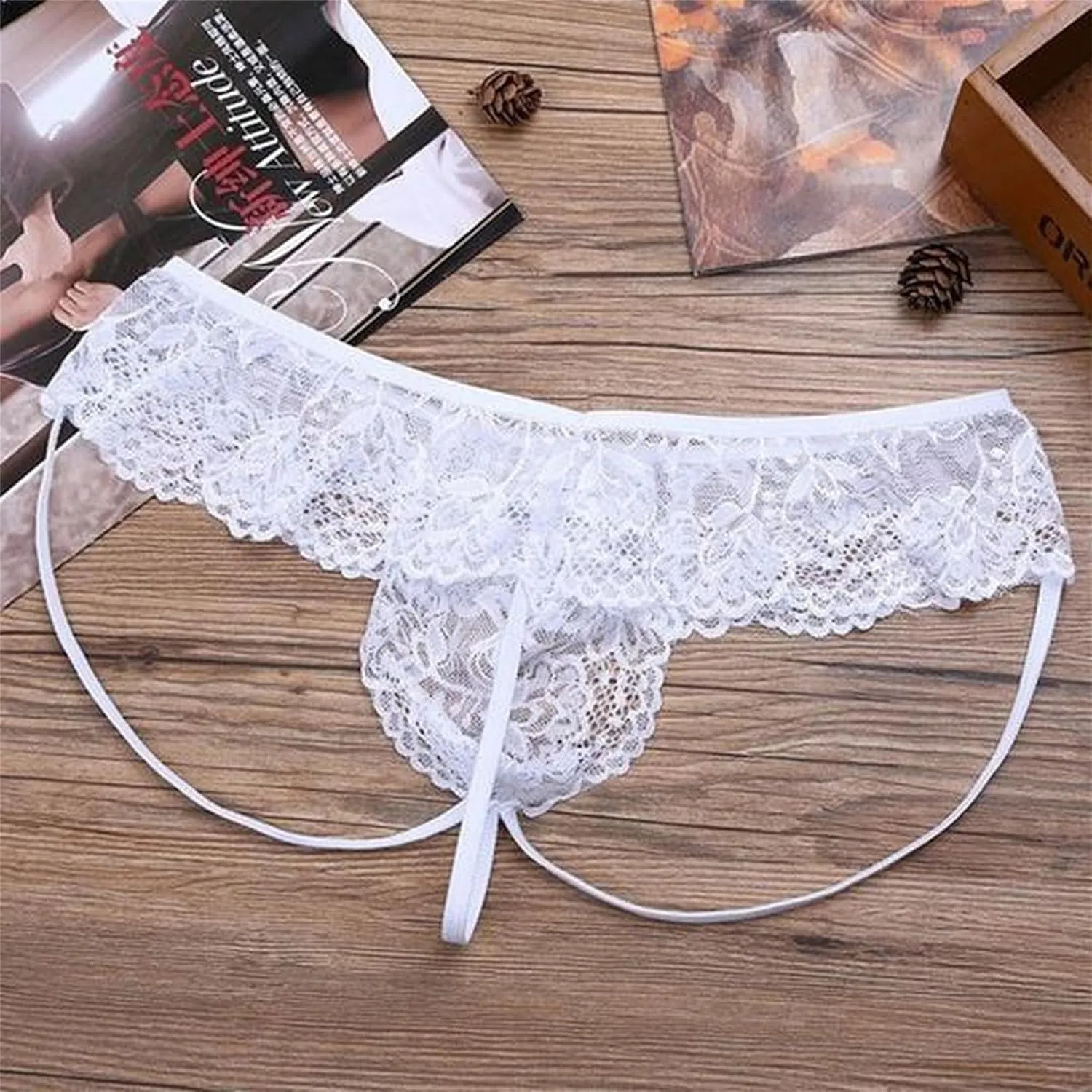 Men's Low-Rise Thongs See Through Lace Jockstrap Thong Sexy Lingerie Pouch Hollow Briefs G-String, Small, White-1pc