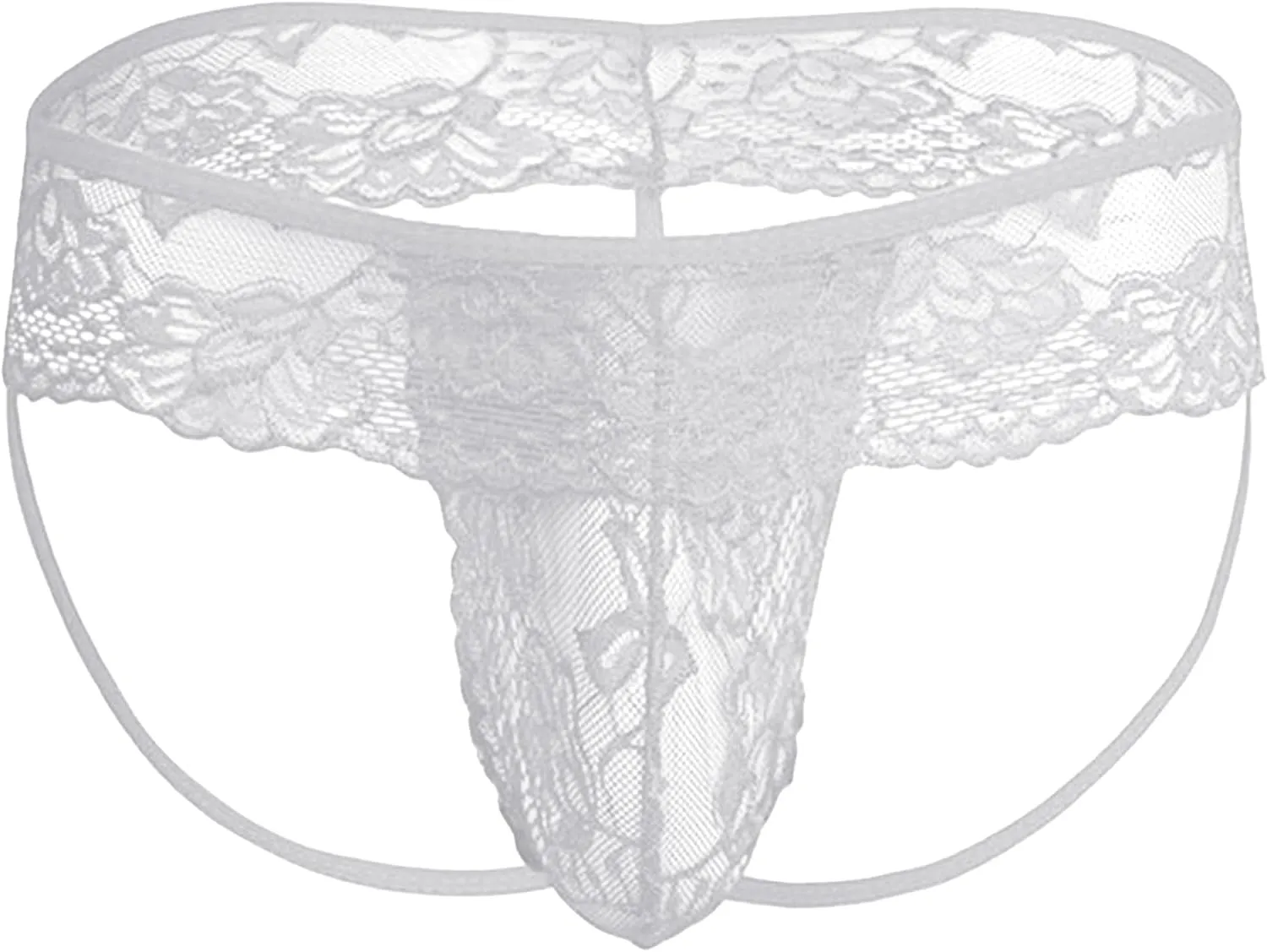 Men's Low-Rise Thongs See Through Lace Jockstrap Thong Sexy Lingerie Pouch Hollow Briefs G-String, Small, White-1pc