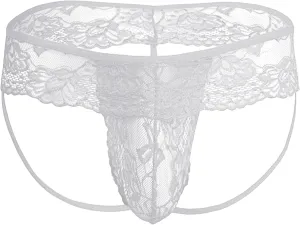 Men's Low-Rise Thongs See Through Lace Jockstrap Thong Sexy Lingerie Pouch Hollow Briefs G-String, Small, White-1pc