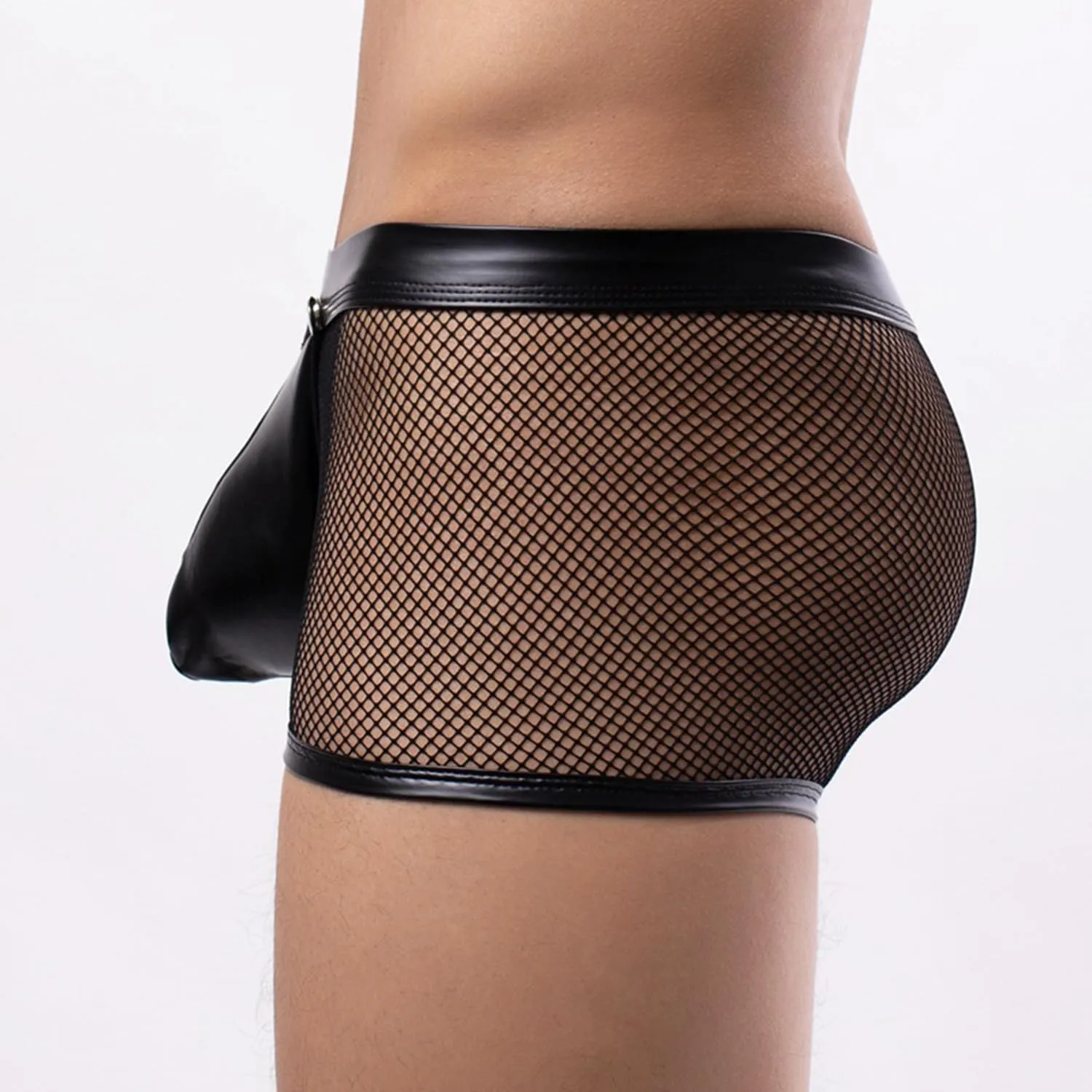 Mens See Through Hot Sexy Mesh Underwear with Faux Leather Boxer Briefs Erotic Clubwear Button Removable Pouch