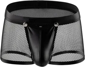 Mens See Through Hot Sexy Mesh Underwear with Faux Leather Boxer Briefs Erotic Clubwear Button Removable Pouch