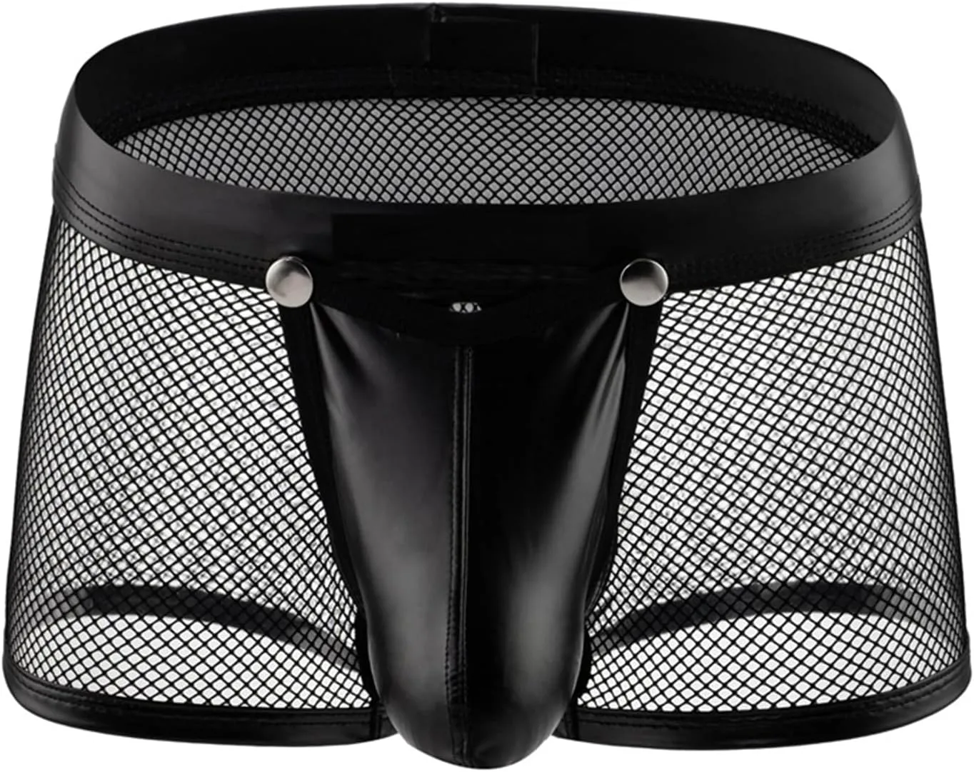 Mens See Through Hot Sexy Mesh Underwear with Faux Leather Boxer Briefs Erotic Clubwear Button Removable Pouch