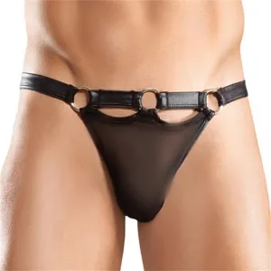 Men's Sexy Leather Briefs - Faux Leather BDSM Underwear for Men with Metal Ring Design Black