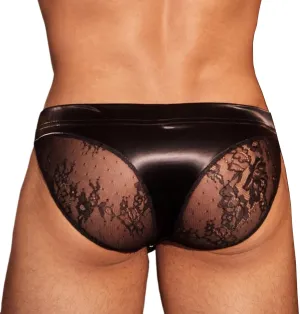 Mens Sexy PU Faux Leather Bulge Pouch Underwear Briefs Back Lace Patchwork Low Rise Trunks Sissy Panties Lingerie