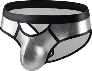Men's Shiny Metallic Faux Leather Bikini Briefs Bulge Pouch Underwear Hollow Out Underpants