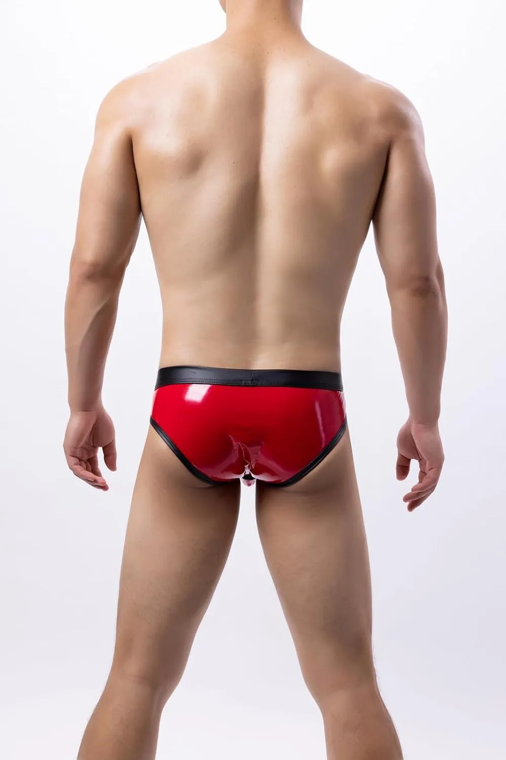 Men's Shiny Metallic Faux Leather Bikini Briefs Bulge Pouch Underwear Hollow Out Underpants