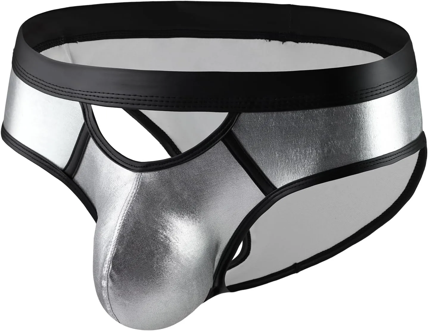 Men's Shiny Metallic Faux Leather Bikini Briefs Bulge Pouch Underwear Hollow Out Underpants