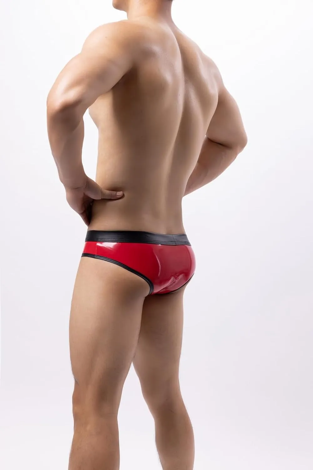 Men's Shiny Metallic Faux Leather Bikini Briefs Bulge Pouch Underwear Hollow Out Underpants