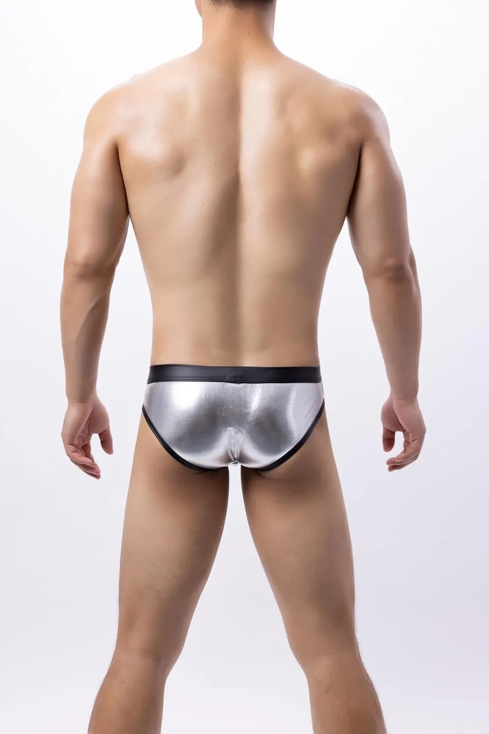 Men's Shiny Metallic Faux Leather Bikini Briefs Bulge Pouch Underwear Hollow Out Underpants