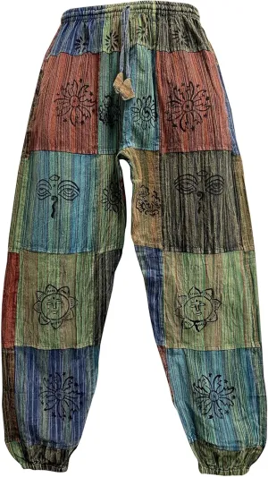 Mens Stonewashed Cotton Bohemian Vintage Yoga Ethnic Print Patchwork Harem Pants