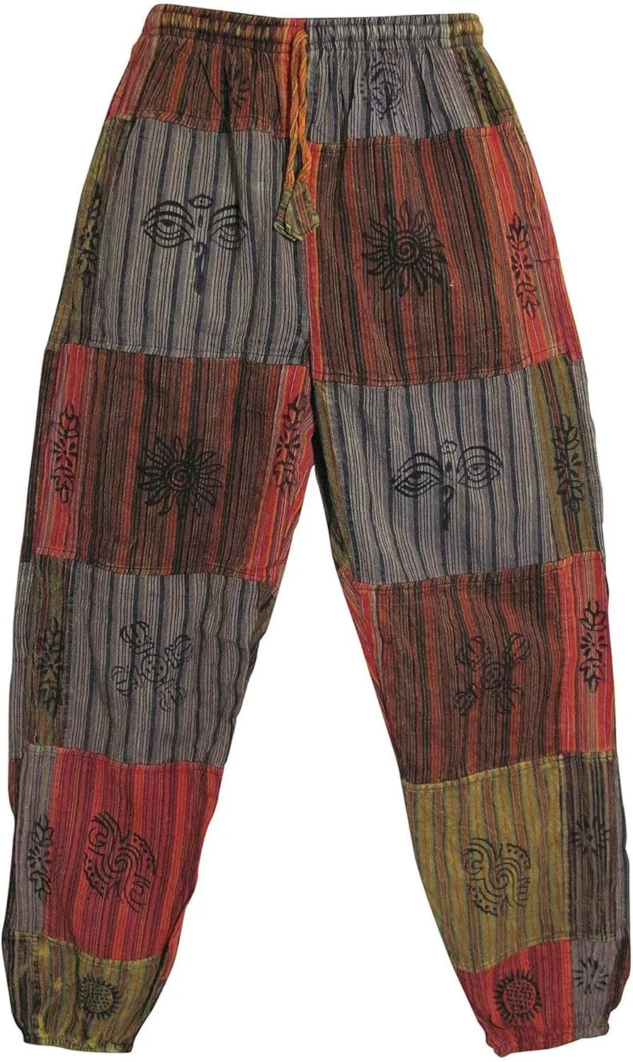 Mens Stonewashed Cotton Bohemian Vintage Yoga Ethnic Print Patchwork Harem Pants