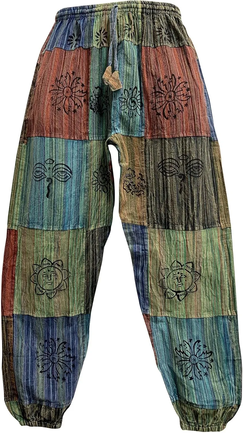 Mens Stonewashed Cotton Bohemian Vintage Yoga Ethnic Print Patchwork Harem Pants