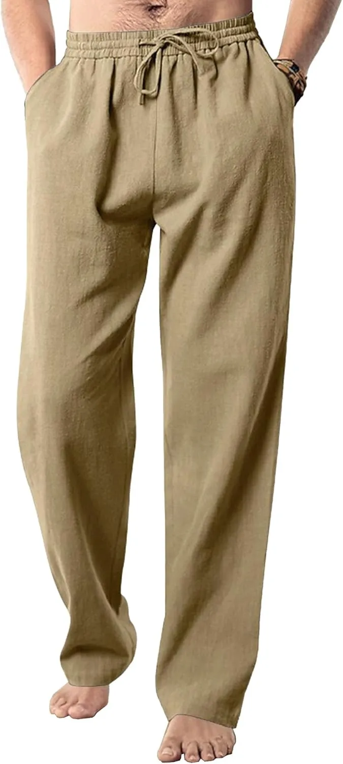 Men's Summer Beach Linen Pants Cotton Yoga Straight-Leg Slack Lightweight Casual Elastic Waist Trousers