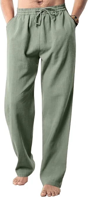 Men's Summer Beach Linen Pants Cotton Yoga Straight-Leg Slack Lightweight Casual Elastic Waist Trousers