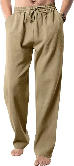 Men's Summer Beach Linen Pants Cotton Yoga Straight-Leg Slack Lightweight Casual Elastic Waist Trousers