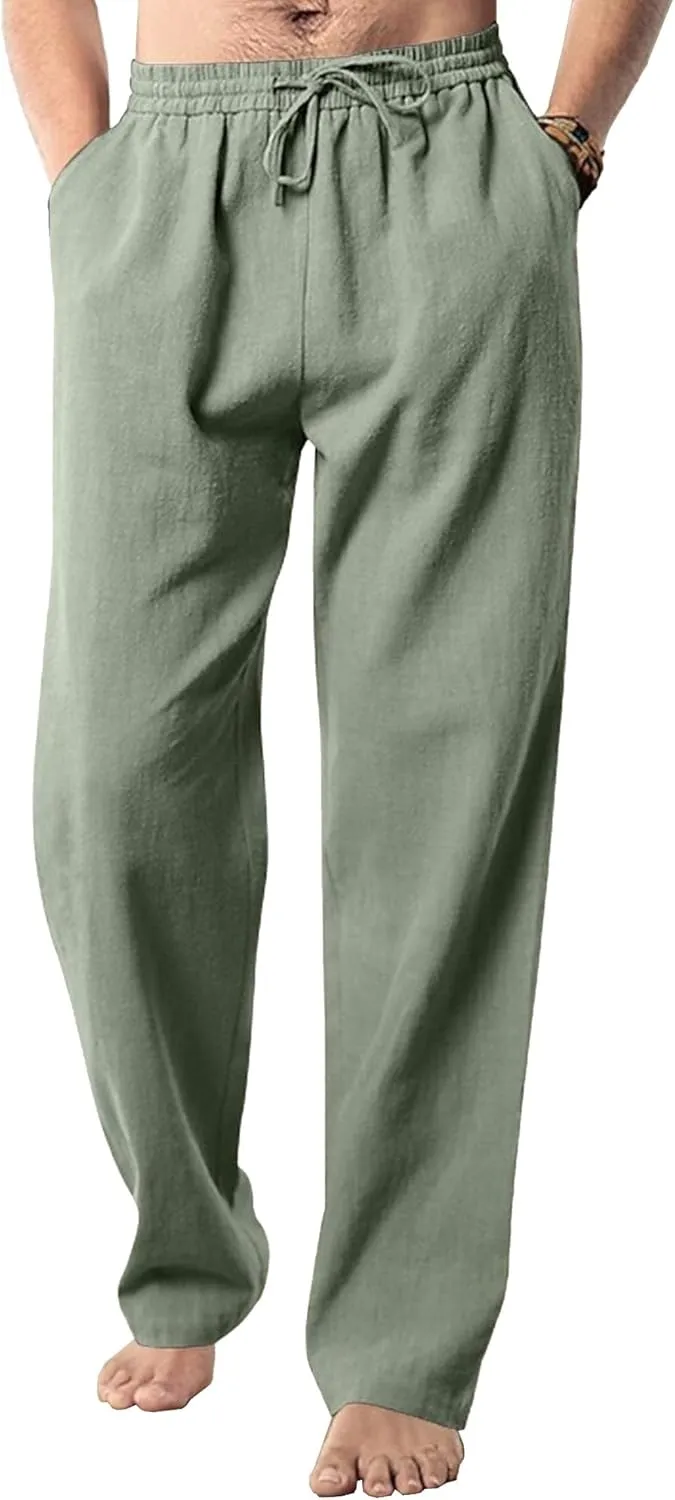 Men's Summer Beach Linen Pants Cotton Yoga Straight-Leg Slack Lightweight Casual Elastic Waist Trousers