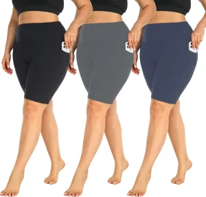 MOREFEEL 3 Pack Plus Size 8" Biker Shorts with Pockets for Women-High Waist Non-See Through Workout Black Yoga Short