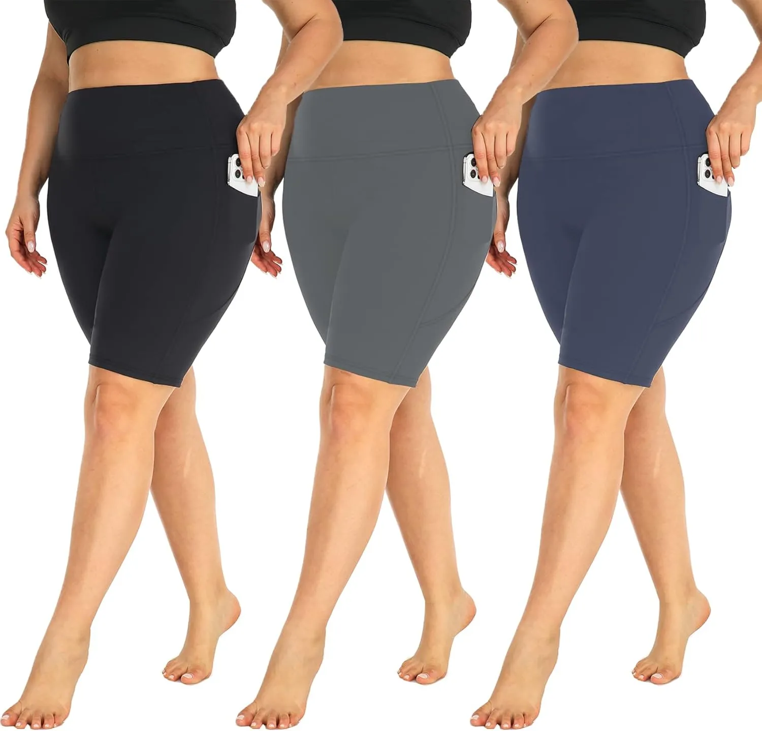 MOREFEEL 3 Pack Plus Size 8" Biker Shorts with Pockets for Women-High Waist Non-See Through Workout Black Yoga Short